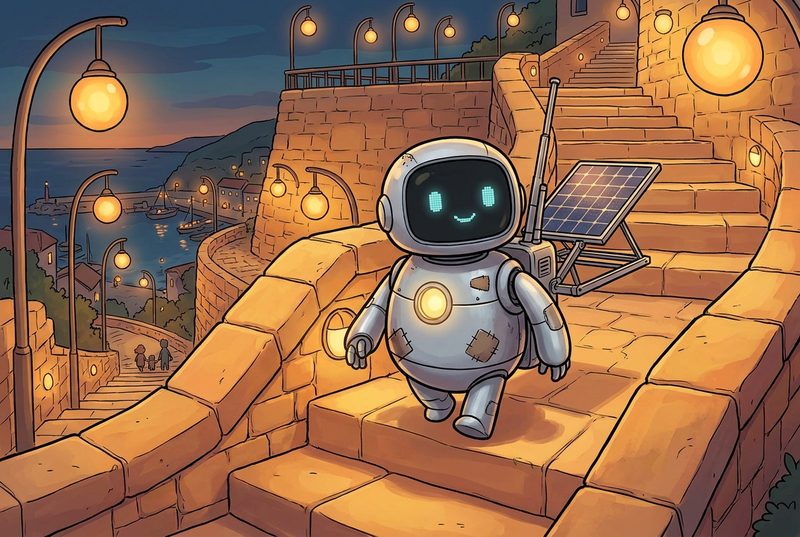 Lumi and friendly harbor robots on warm amber-lit stone steps climbing from a quiet storehouse toward a vine-softened upper terrace at dusk