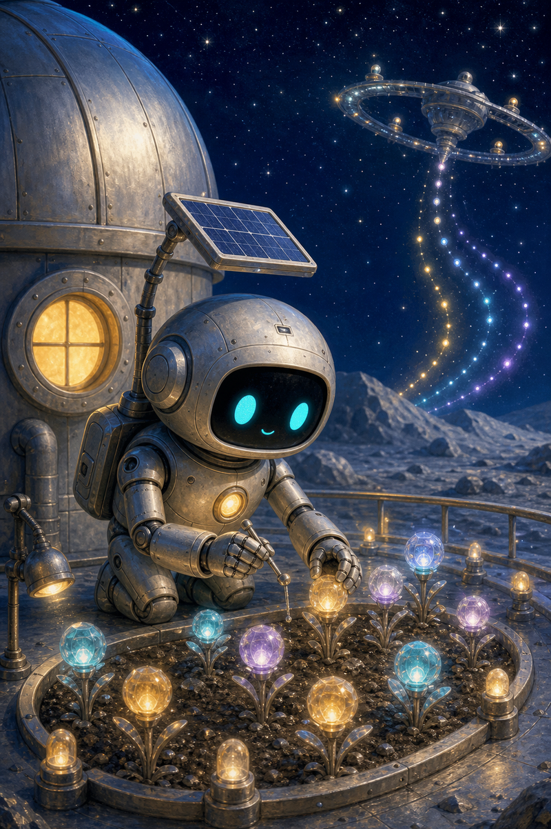 Lumi, a small fully mechanical silver helper robot with a black rounded-rectangle face screen, filled-in turquoise eyes, a soft golden chest light, compact backpack, short stumpy legs, and a practical solar mast, tending glowing beacon flowers beside an observatory dome on Noctis Lantern