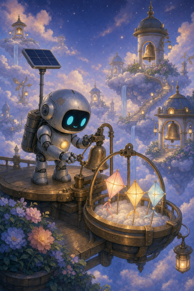 Lumi, a small fully mechanical silver helper robot with a black rounded-rectangle face screen, filled-in turquoise eyes, tiny mouth, soft golden chest light, compact backpack power unit, short stumpy legs, and practical telescoping solar mast, gently tending a brass cloudbell cradle with glowing signal-kites on a cozy misty Cirrus Crown platform