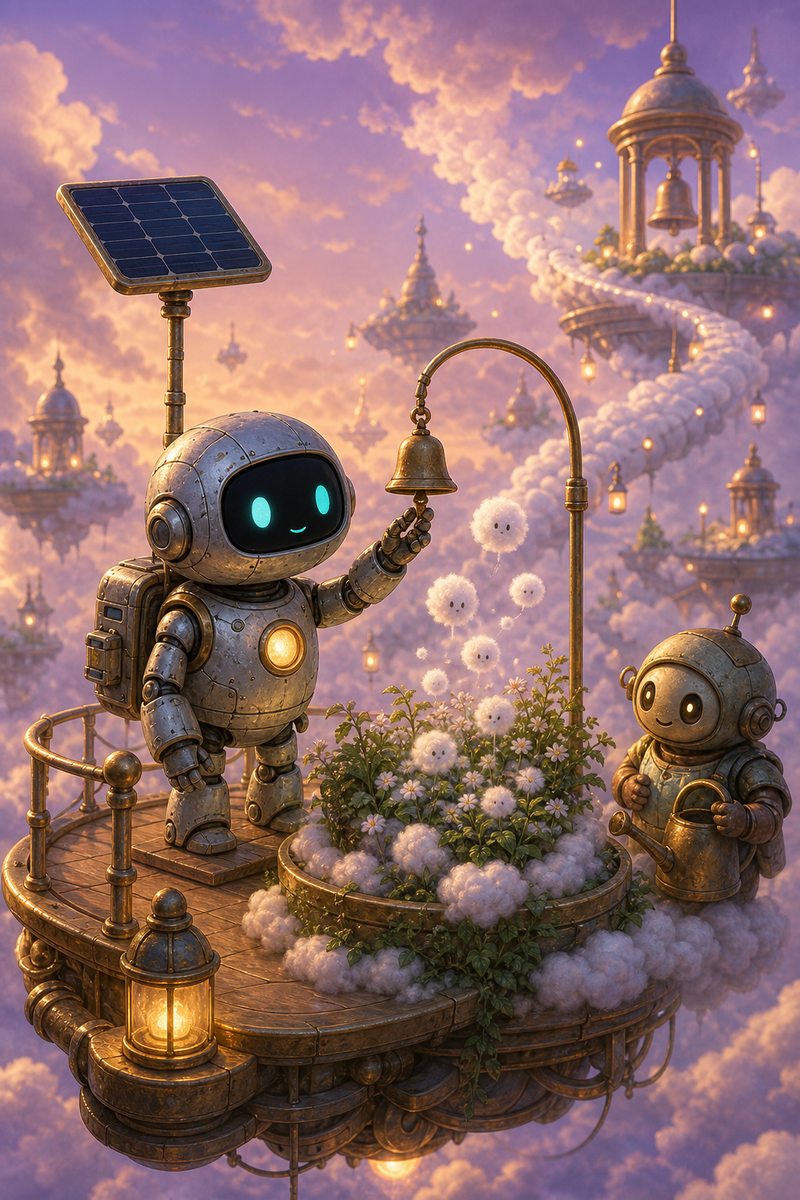 Lumi, a small fully mechanical silver helper robot with a black rounded-rectangle face screen, filled-in turquoise eyes, a soft golden chest light, compact backpack, short stumpy legs, and a practical solar mast, adjusting a brass bell beside a floating cloud garden on Cirrus Crown