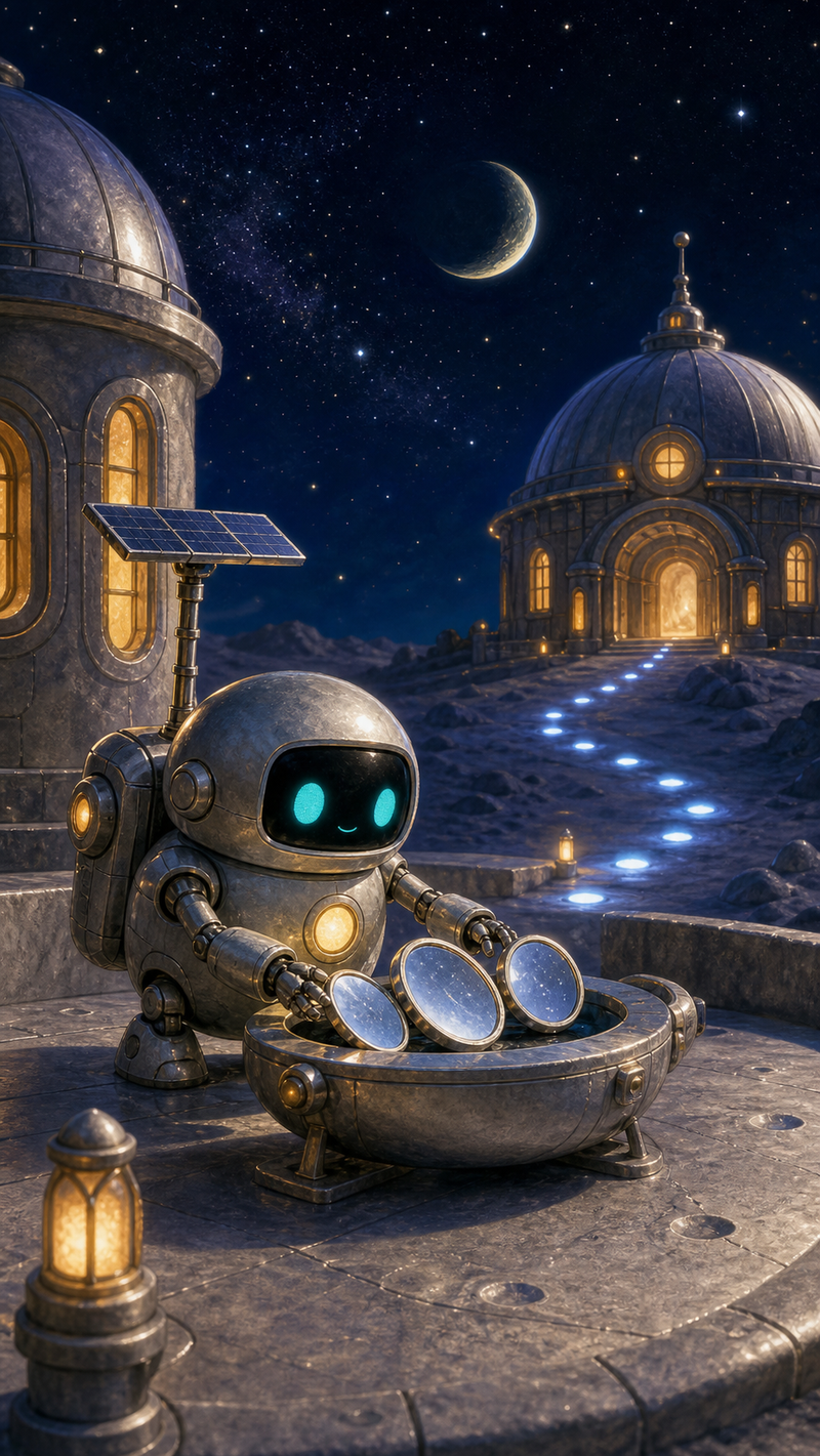 Lumi, a small fully mechanical silver helper robot with a black rounded-rectangle face screen, filled-in turquoise eyes, a golden chest light, compact backpack, and practical solar mast, adjusting silver moon mirrors outside a warm listening hall beneath a starry indigo sky