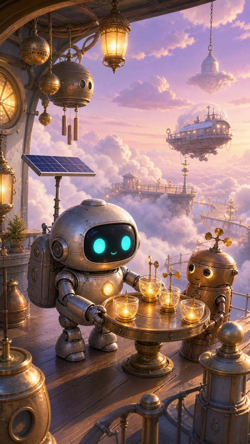 Lumi, a small fully mechanical silver helper robot with a black rounded-rectangle face screen, filled-in turquoise eyes, a soft golden chest light, compact backpack, short stumpy legs, and a practical solar mast, tending glowing glass wind cups on a cozy lantern porch among the clouds of Cirrus Crown