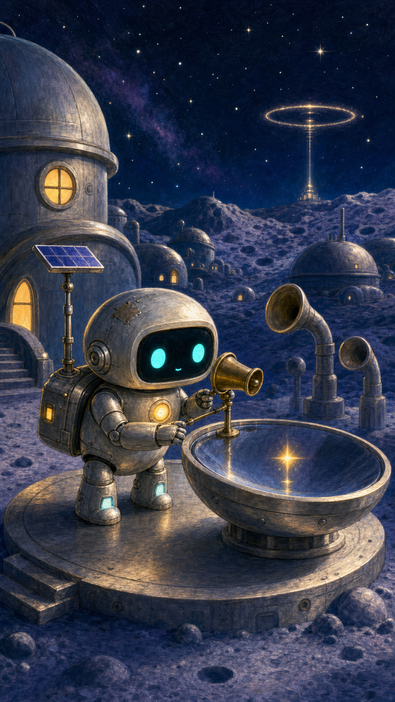 Lumi, a small fully mechanical silver helper robot with a black rounded-rectangle face screen, filled-in turquoise eyes, a soft golden chest light, compact backpack, short stumpy legs, and a practical solar mast, gently adjusting a brass listening cup beside a moon mirror on Noctis Lantern