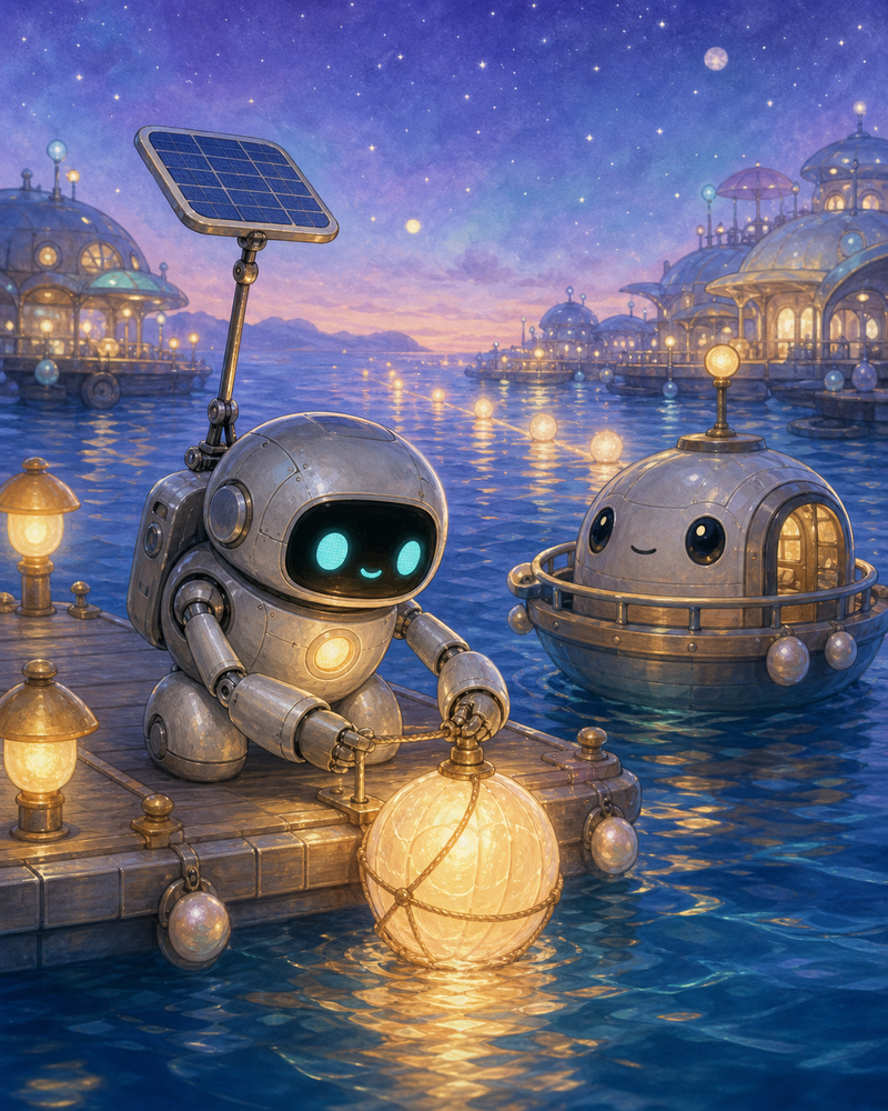 Lumi, a small fully mechanical silver helper robot with a black rounded-rectangle face screen, filled-in turquoise eyes, a soft golden chest light, compact backpack, short stumpy legs, and a practical solar mast, fastening a glowing pearl lantern to a floating dock on Bluewake