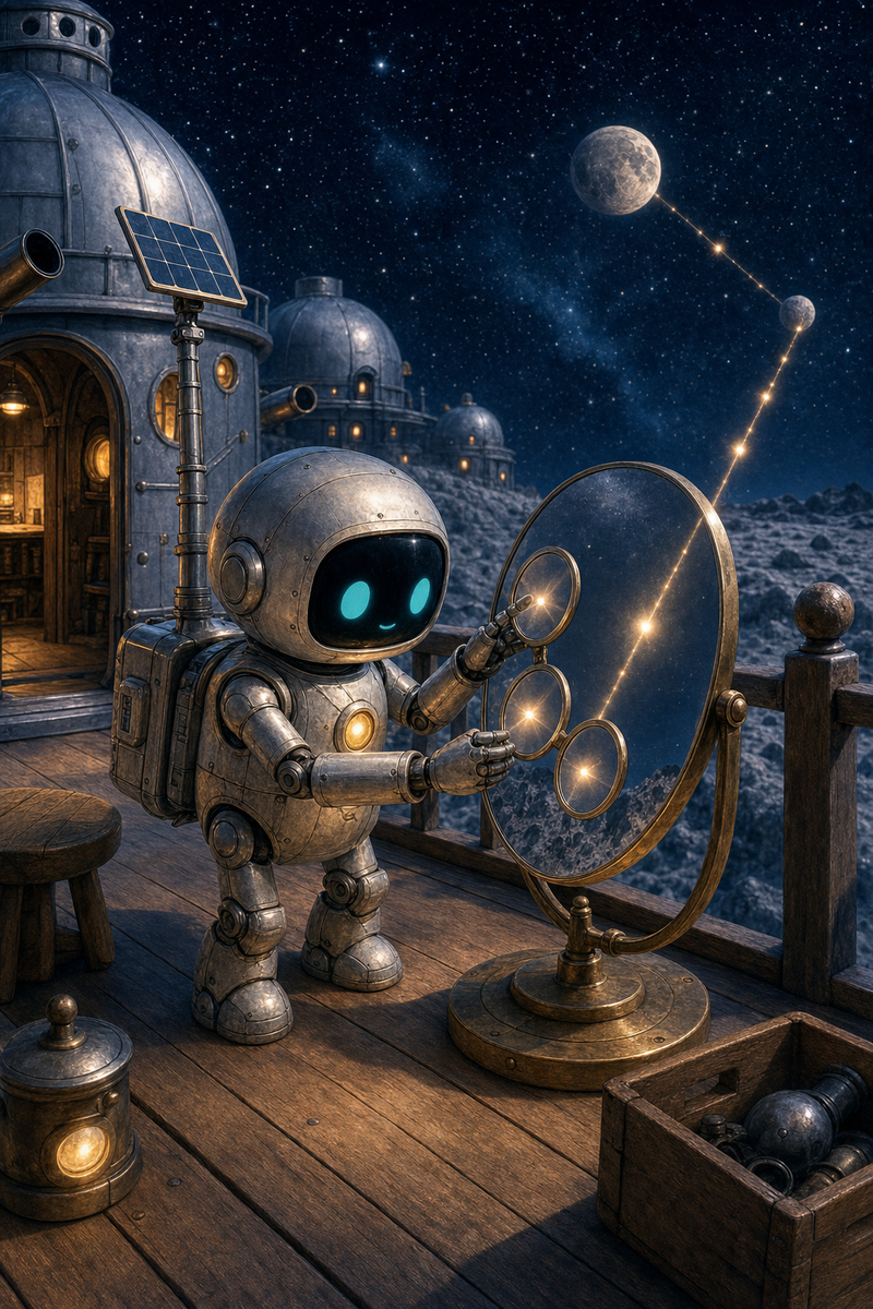 Lumi, a small fully mechanical silver helper robot with a black rounded-rectangle face screen, filled-in turquoise eyes, a soft golden chest light, compact backpack, short stumpy legs, and a practical solar mast, carefully adjusting a silver moon mirror outside a cozy observatory on Noctis Lantern