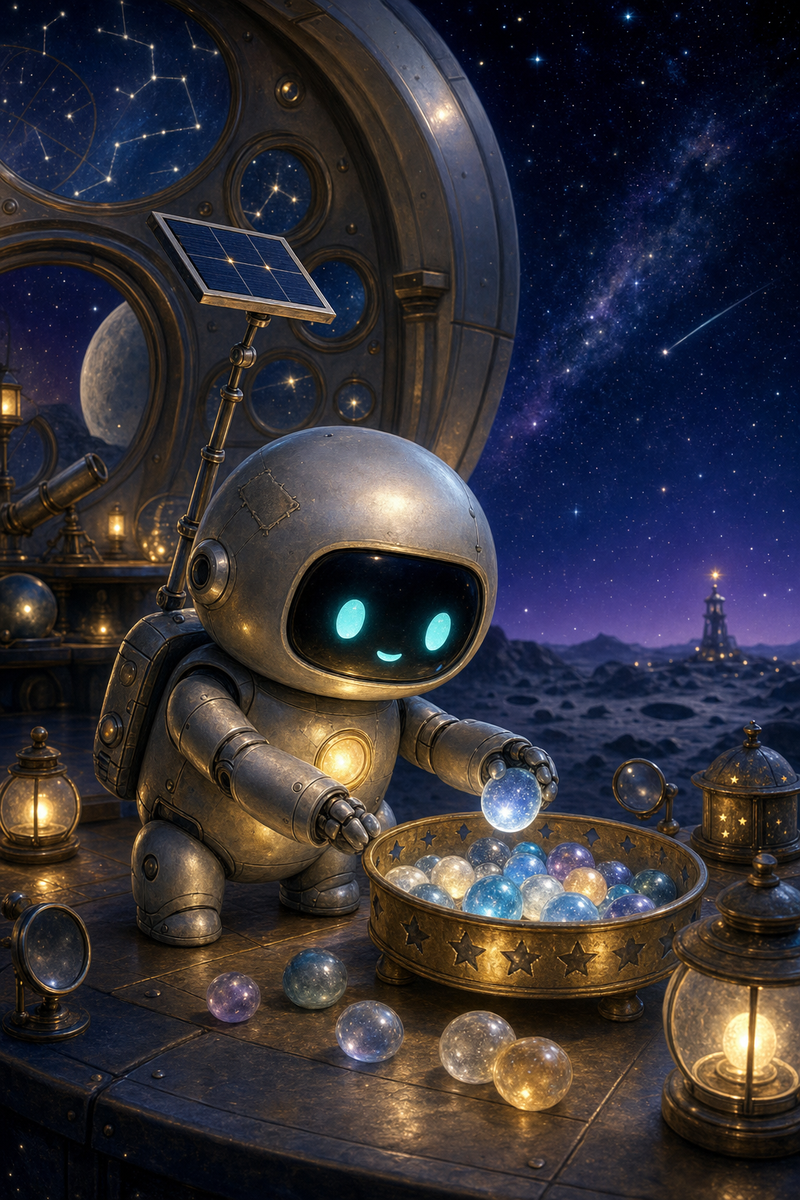 Lumi, a small fully mechanical silver helper robot with a rounded black face screen, filled-in turquoise eyes, tiny mouth, soft golden chest light, compact backpack power unit, short stumpy legs, and practical telescoping solar mast, placing a glowing silver-blue star stone into a brass basket inside a cozy Noctis Lantern observatory