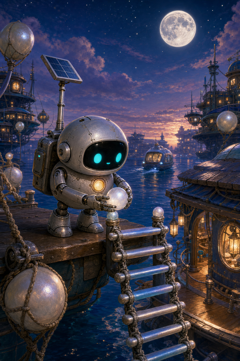 Lumi, a small fully mechanical silver helper robot with a rounded black face screen, filled-in turquoise eyes, tiny mouth, soft golden chest light, compact backpack power unit, short stumpy legs, and practical telescoping solar mast, holding a glowing pearl tide marker beside a blue-and-silver floating tide ladder on Bluewake