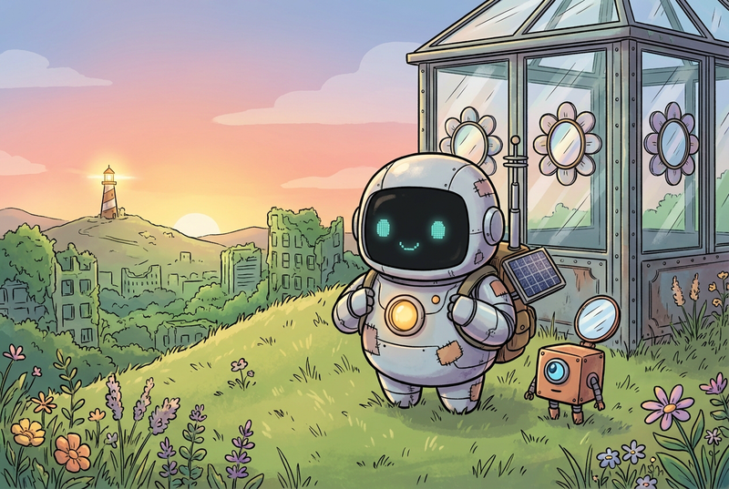 Lumi and a tiny signal robot at an old mirror station in a quiet green world, with a warm beacon shining in the distance