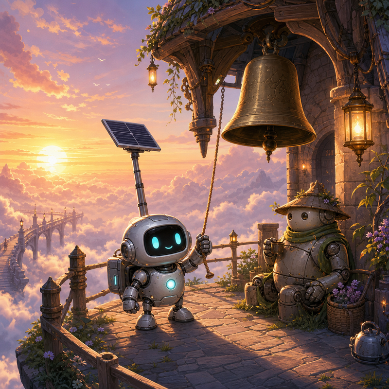 Lumi with a small cloud station keeper robot beside a cozy bell tower above a mist bridge at sunset, with glowing lanterns and soft pastel clouds
