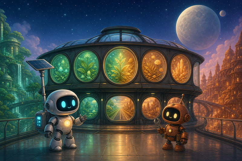 Lumi the small silver helper robot with a rounded black face screen, cyan eyes, a soft chest light, a compact backpack power unit, and a telescoping solar mast standing beside glowing station windows filled with tiny garden planters and warm route lights