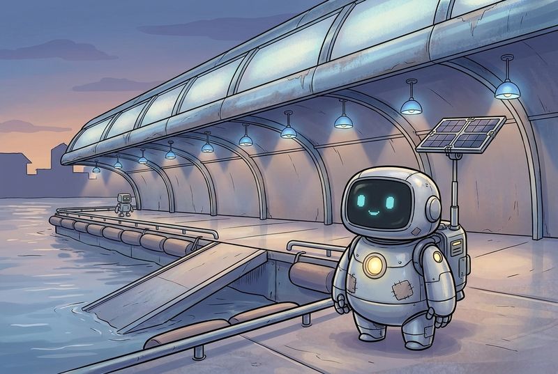 Lumi and friendly harbor robots beneath a curved shelter lined with little blue lights at a calm inner-harbor landing