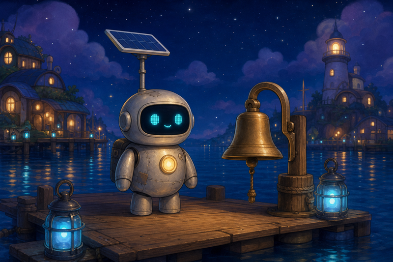 Lumi, a small silver helper robot with cyan eyes and a glowing chest light, standing on a floating Bluewake dock beside a warm landing bell, pearl buoys, tide ladders, and a calm ferry skiff at dusk