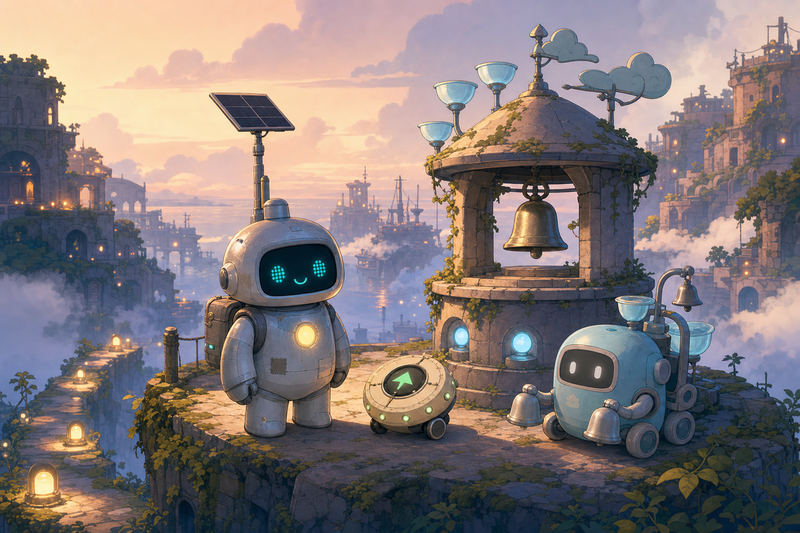 Lumi and friendly robots beside a small cloudbell tower with blue mist lamps, soft fog cups, and warm harbor terraces
