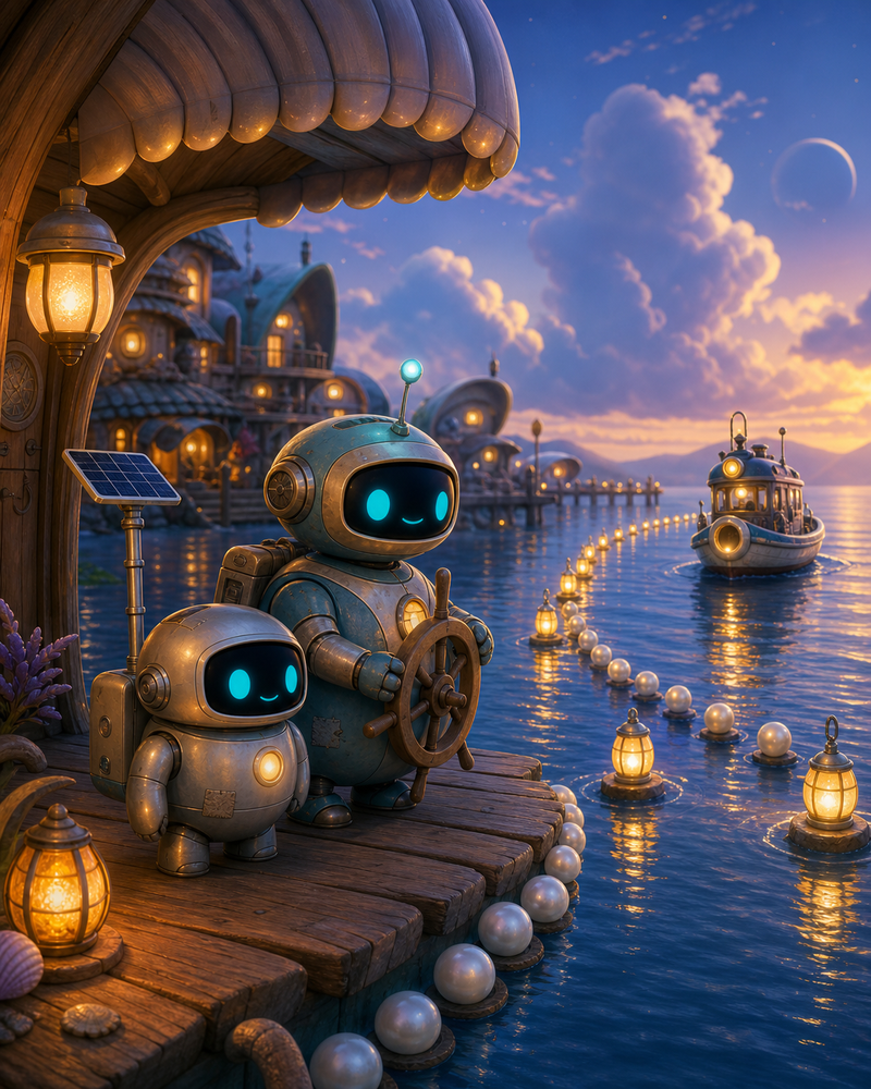 Lumi, the small fully mechanical helper robot with a rounded silver body, patched repairs, a black rounded-rectangle face screen, filled-in cyan-turquoise eyes, a tiny expressive mouth, a soft golden chest light, a compact backpack power unit, and a practical telescoping solar mast, standing with Tide on a cozy Bluewake floating porch beside a curved line of glowing lantern posts over calm silver-blue water, with pearl buoys, a gentle ferry skiff, and warm harbor lights