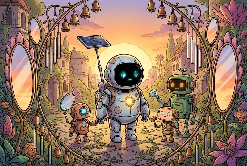 Lumi, Pip, Moss, and a tiny brass chime-keeper robot in a sunlit square filled with hanging bells and warm golden morning light