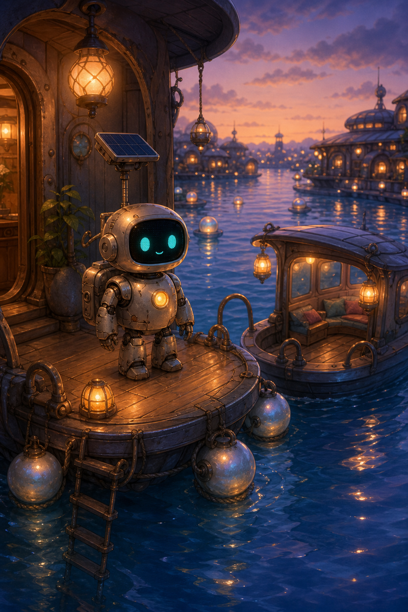 Lumi the small fully mechanical helper robot with a rounded silver body, black rounded-rectangle face screen, filled-in cyan eyes, a tiny expressive mouth, a soft golden chest light, a compact backpack power unit, and a telescoping solar mast standing on a glowing floating lantern porch on Bluewake with pearl buoys, tide ladders, warm ferry lanterns, and a cozy skiff on calm blue-silver water