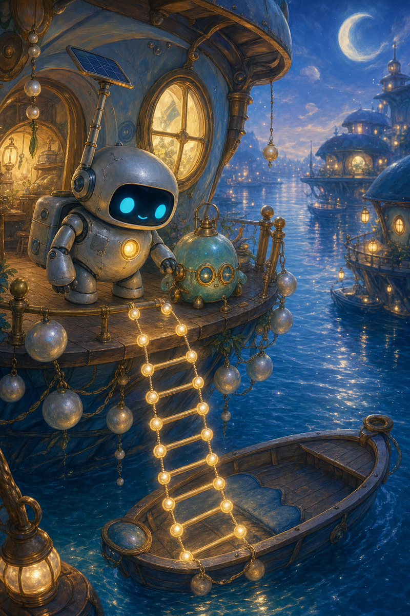 Lumi, a small fully mechanical helper robot with a rounded silver body, patched repairs, a black rounded-rectangle face screen, filled-in cyan-turquoise eyes, a tiny expressive mouth, a soft golden chest light, a compact backpack power unit, and a practical telescoping solar mast, standing with a small sea-glass harbor keeper robot on a cozy Bluewake floating porch beside a glowing tide ladder lowering toward a little skiff, with pearl buoys, lantern rails, silver-blue water roads, and warm evening harbor lights