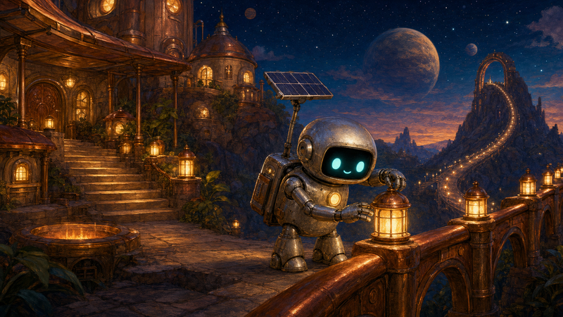 Lumi, a small silver helper robot with cyan eyes, a warm chest light, compact backpack, and telescoping solar mast, tending a glowing lantern on a copper bridge in Cindervale's amber dusk