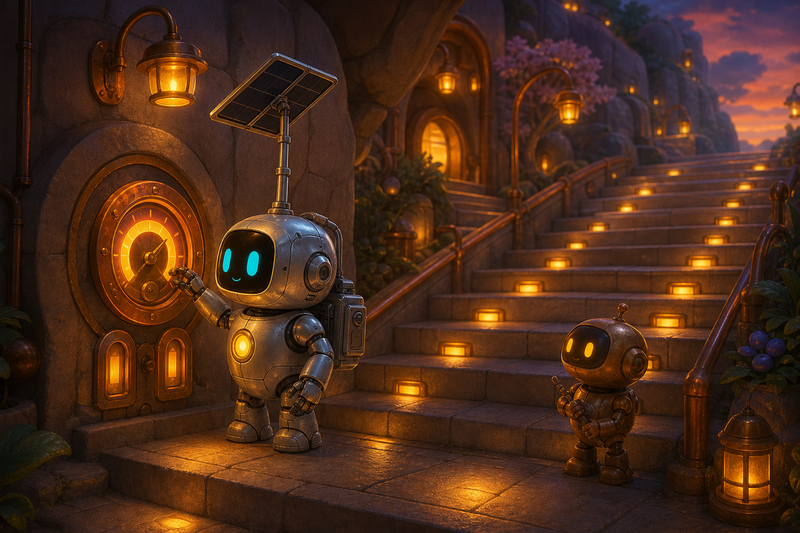 Lumi, a small fully mechanical helper robot with a rounded silver body, rounded rectangular black face screen, filled-in cyan eyes, tiny expressive mouth, soft golden chest light, compact backpack power unit, and telescoping solar mast, adjusting a glowing ember gauge in a warm Cindervale stair court beside copper rails, lantern-lit steps, and a small local keeper robot