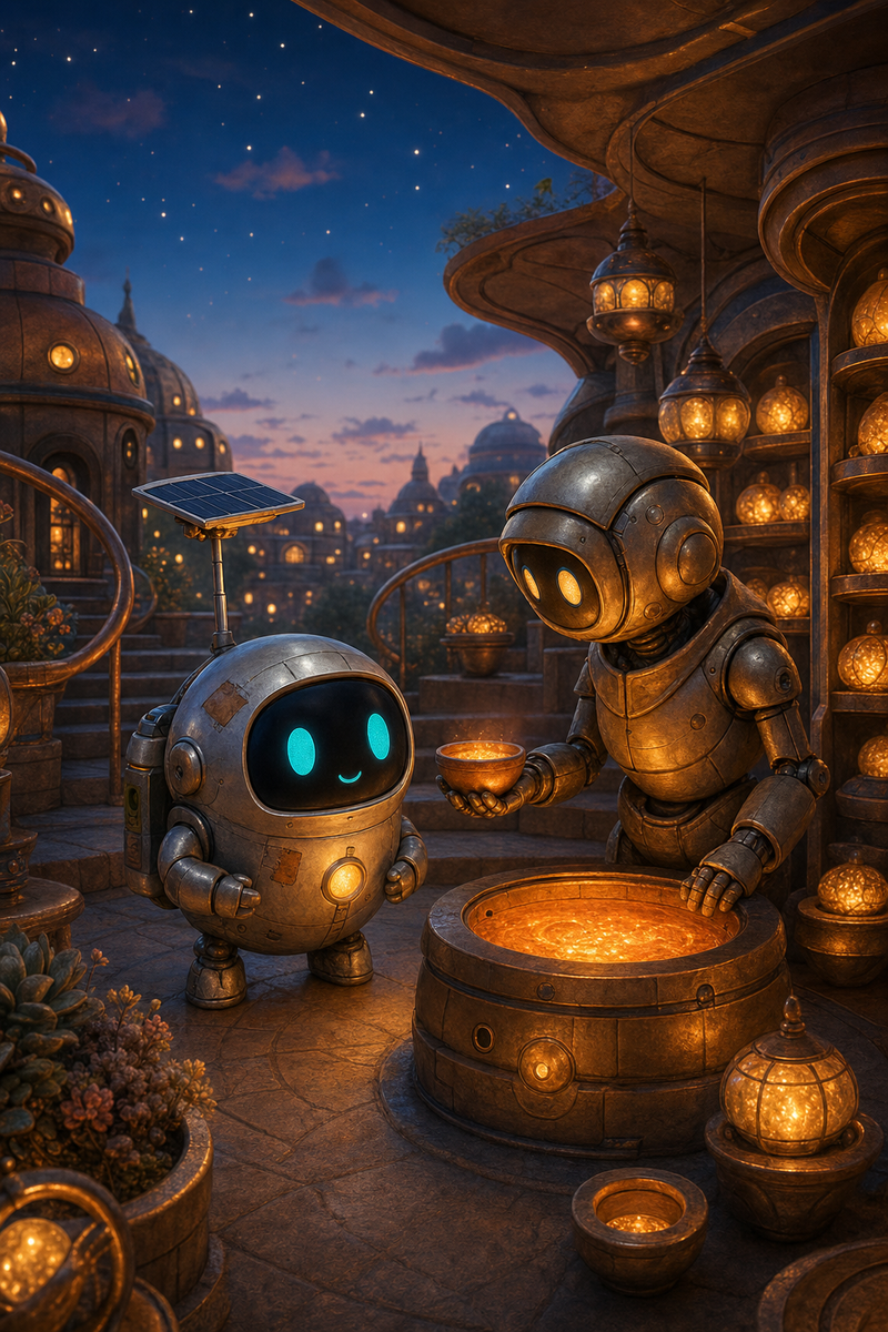 Lumi, the small fully mechanical helper robot with a rounded silver body, patched repairs, a black rounded-rectangle face screen, filled-in cyan-turquoise eyes, a tiny expressive mouth, a soft golden chest light, a compact backpack power unit, and a practical telescoping solar mast, standing beside a warm amber heatwell on Cindervale's Embercup Steps with copper lantern shelves, glowing warmth bowls, sheltered stone stairs, and a friendly local keeper robot in the dusk