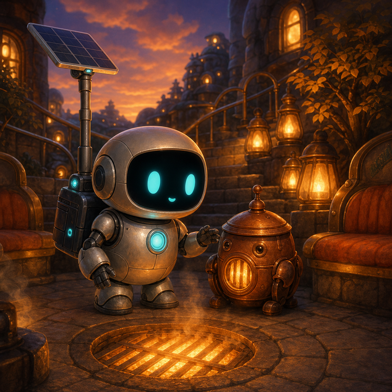 Lumi and a small copper keeper robot beside a glowing heatwell in a warm amber stair court with lanterns, brass railings, and cozy benches at dusk