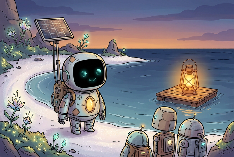 Lumi and his robot friends on a quiet pearl shore looking toward a warm amber lantern on a floating mooring as gentle water glows at dusk
