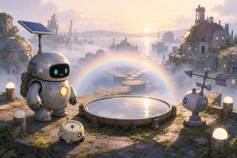 Lumi and friendly robots beside a glowing fogbow lens on a misty high harbor terrace