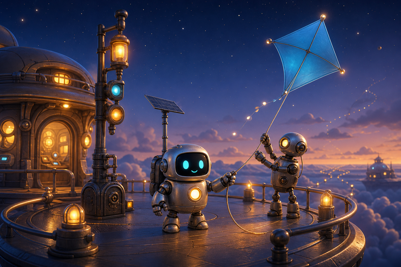 Lumi, a small silver helper robot with cyan eyes and a warm chest light, standing beside a lantern-lit Ringway Station platform and a sky-blue signal kite lifting in the evening wind