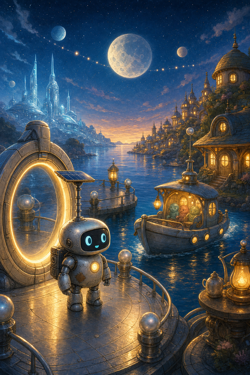 Lumi, the small fully mechanical helper robot with a rounded silver body, patched repairs, a black rounded-rectangle face screen, filled-in cyan-turquoise eyes, a tiny expressive mouth, a soft golden chest light, a compact backpack power unit, and a practical telescoping solar mast, standing beside a glowing round mooring gate on a cozy harbor moon with curved dock rails, pearl buoys, warm lanterns, and a calm ferry skiff under a starry sky