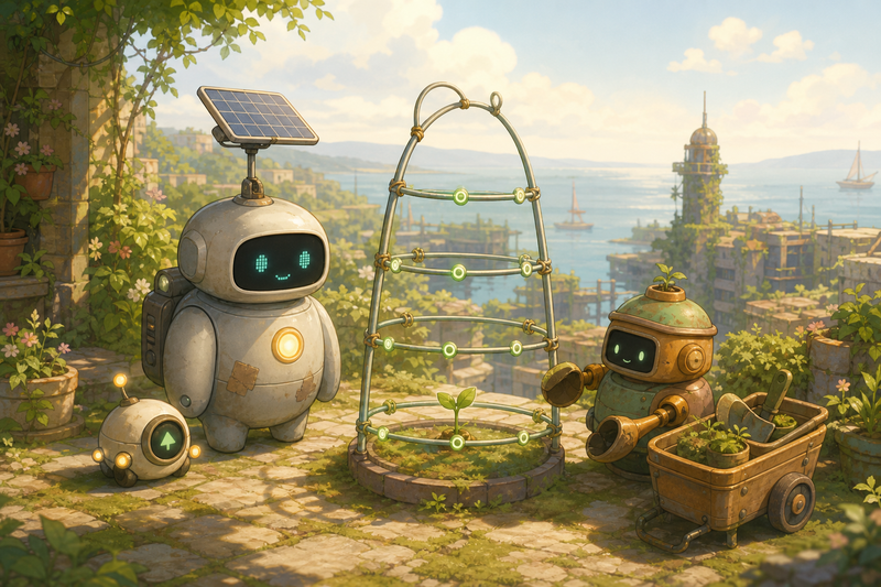 Lumi and friendly robots beside a gentle green trellis with tiny climbing sprouts, warm lights, and soft harbor terraces
