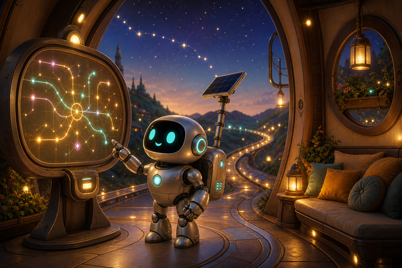 Lumi the small fully mechanical helper robot with a rounded silver body, black rounded-rectangle face screen, filled-in cyan eyes, a tiny expressive mouth, a soft chest light, a compact backpack power unit, and a telescoping solar mast beside a softly glowing wayfinding map board at a cozy Ringway station between Hearthmere and Cindervale