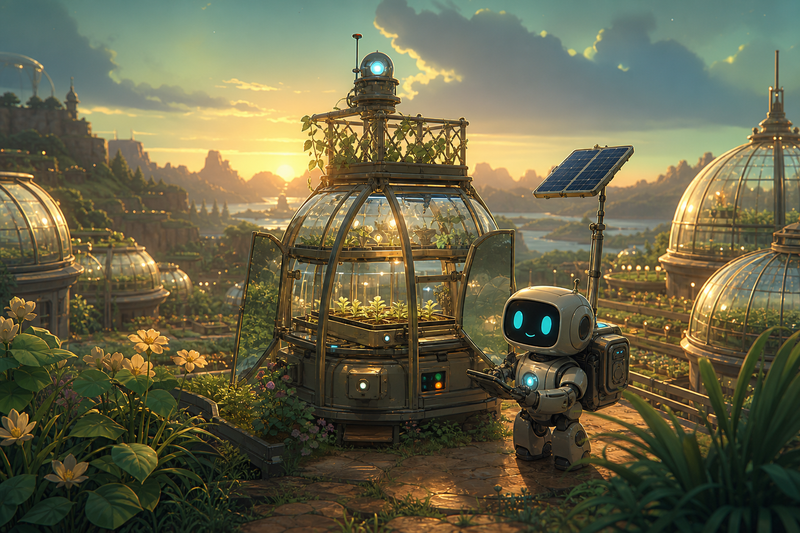 Lumi the small silver helper robot with a rounded black face screen, cyan eyes, a soft chest light, a compact backpack power unit, and a telescoping solar mast standing beside a glowing glass garden relay on Verdelle with curved greenhouse domes, trellis rails, and seed lights