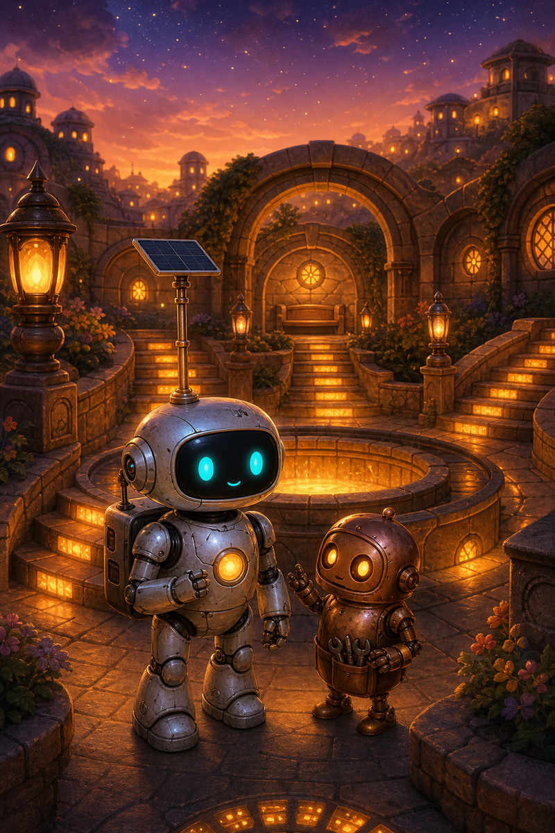 Lumi the small fully mechanical helper robot with a rounded silver body, patched repairs, a black rounded-rectangle face screen, filled-in cyan eyes, a tiny expressive mouth, a soft golden chest light, a compact backpack power unit, and a practical telescoping solar mast standing with a small copper-toned keeper robot in Cindervale’s cozy Glowwell Court, with amber lantern steps, warm heat tiles, sheltered arches, and a softly glowing central well