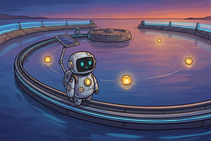 Lumi and friendly harbor robots beside three glowing golden guide lights circling a calm turning basin inside a quiet outer bay at dusk