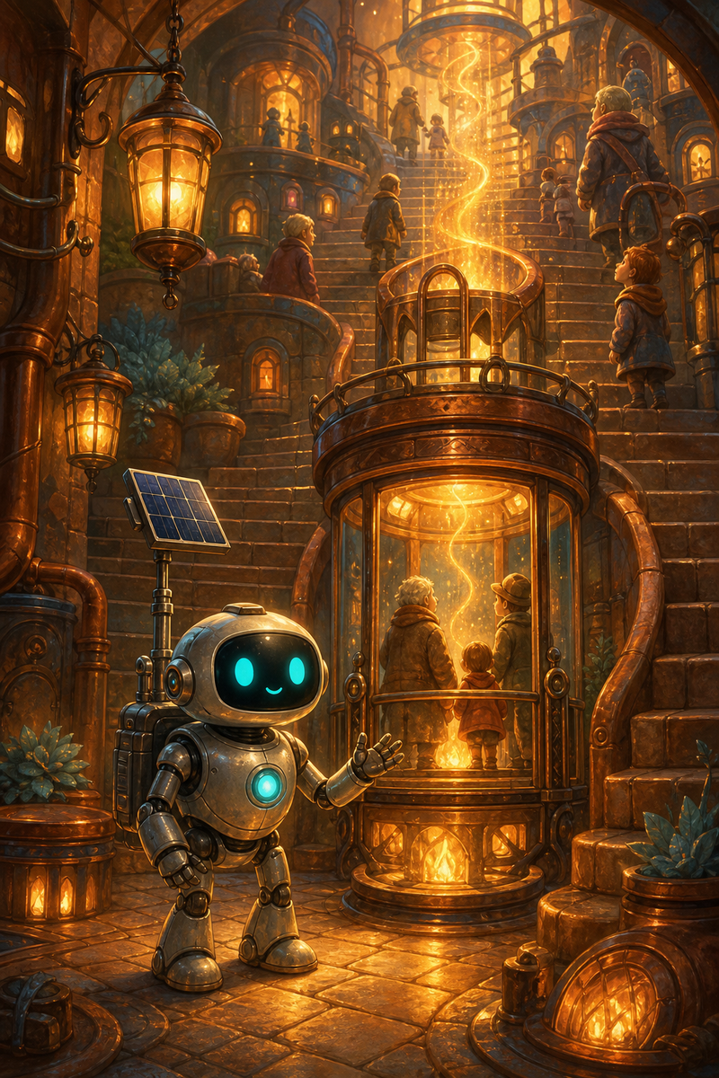 Lumi, a small fully mechanical helper robot with a rounded silver body, black rounded-rectangle face screen, filled-in cyan eyes, a tiny expressive mouth, a soft chest light, a compact backpack power unit, and a telescoping solar mast, standing in a warm Cindervale stair court beside lanterns, heat wells, copper stone, and a glowing hearth lift