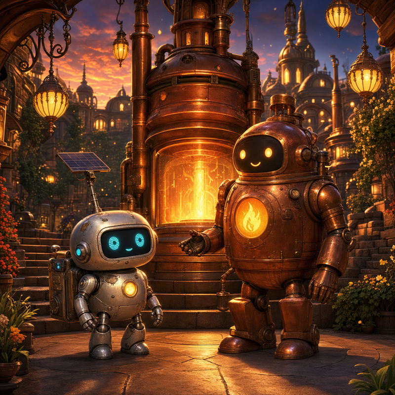 Lumi and a copper heat keeper beside a glowing heatwell court on Cindervale with lanterns and warm steps