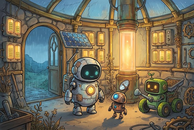 Lumi, Pip, and Moss inside a warm old sun shelter glowing with stored golden light while rain falls outside