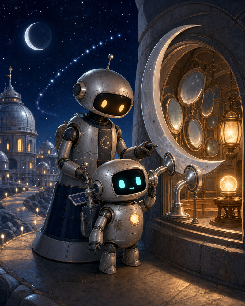 Lumi, the small fully mechanical helper robot with a rounded silver body, patched repairs, a black rounded-rectangle face screen, filled-in cyan-turquoise eyes, a tiny expressive mouth, a soft golden chest light, a compact backpack power unit, and a practical telescoping solar mast, standing beside a gentle observatory keeper robot at a glowing crescent hushglass window inside a cozy Noctis Lantern listening hall with silver moon mirrors, warm answer lamps, and a velvet starry sky beyond