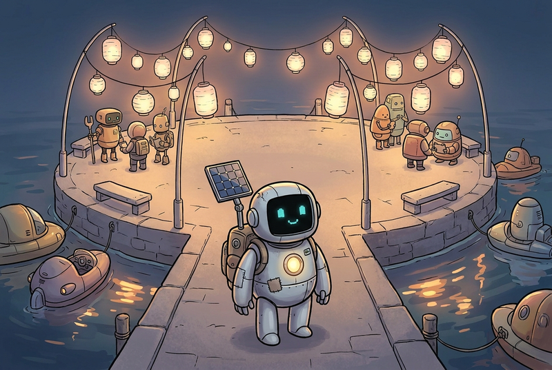 Lumi and friendly harbor robots in a quiet upper harbor court with pale hanging lanterns, curved benches, and a view of the glowing water at dusk