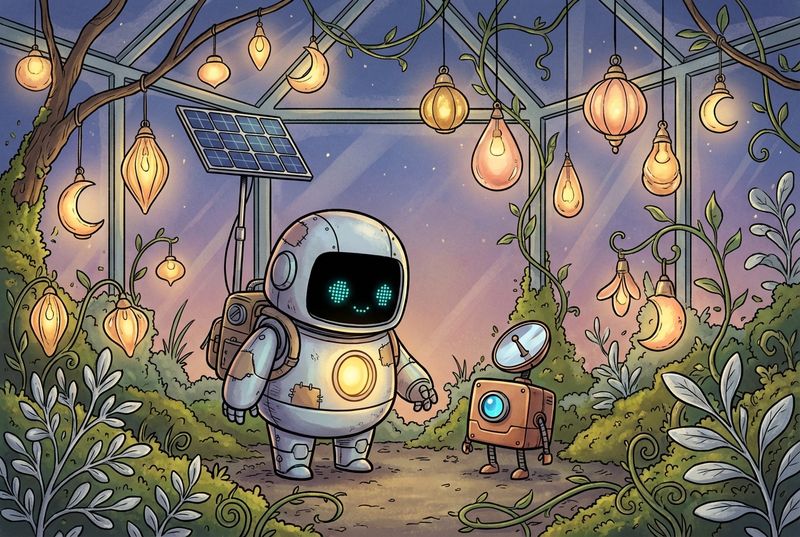 Lumi and Pip in a glowing lantern garden inside an old glasshouse at dusk, surrounded by warm hanging lights and blooming plants