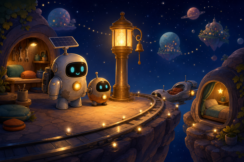 Lumi the small silver helper robot with a rounded black face screen, filled-in cyan eyes, a tiny expressive mouth, a soft chest light, a compact backpack power unit, and a telescoping solar mast standing beside a warm lantern at a small Ringway Station with curved docking rails, a quiet rest alcove, and soft starry route lights