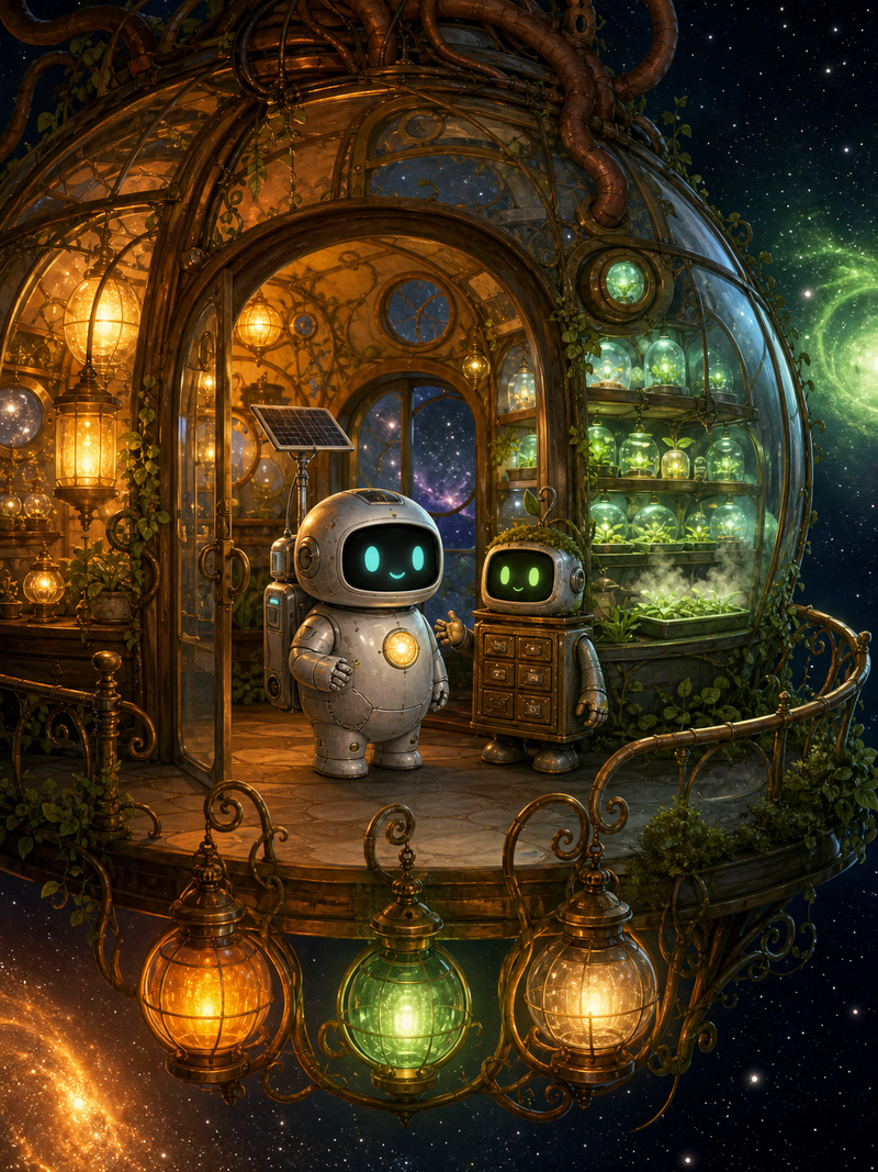 Lumi standing on short stumpy legs beside a small station keeper robot inside a cozy glass garden ringway station filled with glowing amber lanterns, green seedlings, and starry space beyond