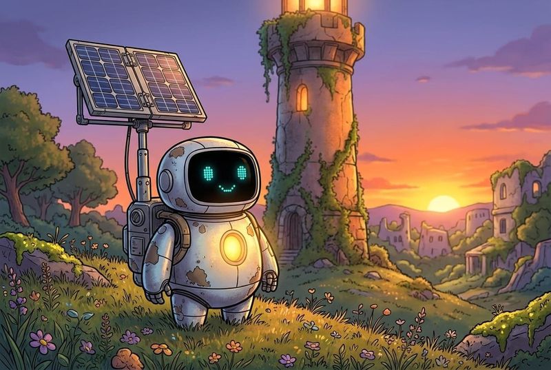 Lumi, a small silver robot with a glowing chest light and backpack solar panel, standing in a flowered ruin at sunset beside an ivy-covered glowing tower