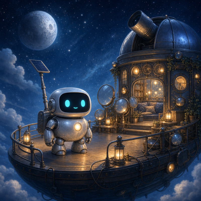 Lumi, a small fully mechanical helper robot with a rounded silver body, black rounded-rectangle face screen, filled-in cyan eyes, a tiny expressive mouth, a soft chest light, a compact backpack power unit, and a telescoping solar mast standing on a warm observatory barge on Noctis Lantern beside silver moon mirrors, soft lanterns, and a calm starry sky
