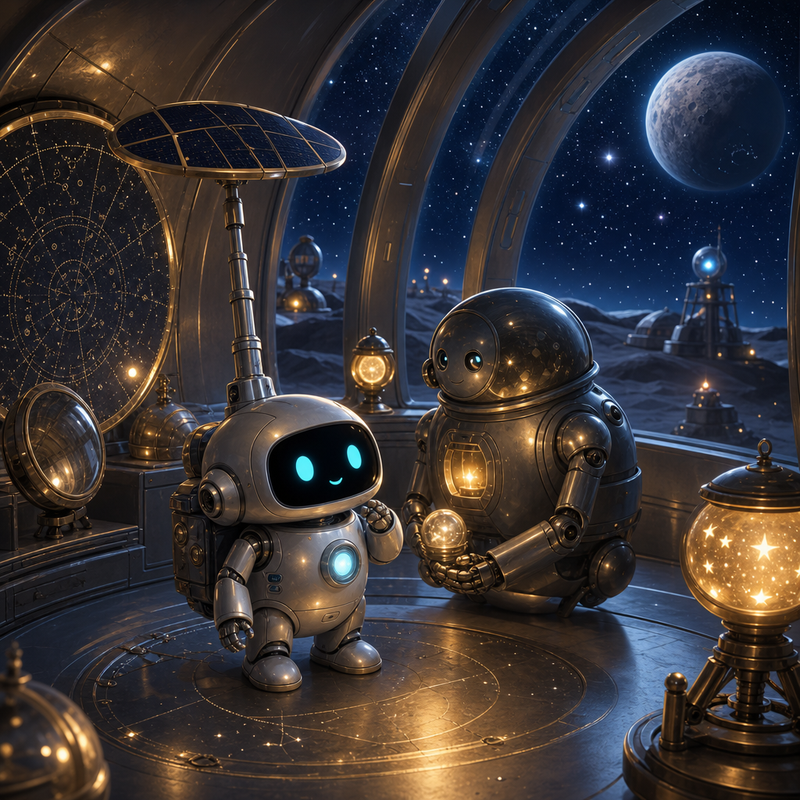 Lumi, a small fully mechanical helper robot with a rounded silver body, black rounded-rectangle face screen, filled-in cyan-turquoise eyes, a tiny expressive mouth, a soft chest light, a compact backpack power unit, and a telescoping solar mast, standing inside a cozy silver observatory dome with a gentle route-keeper robot, glowing mirrors, and warm night lights