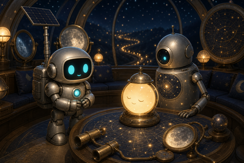 Lumi, a small fully mechanical helper robot with a rounded silver body, black rounded-rectangle face screen, filled-in cyan eyes, a tiny expressive mouth, a soft chest light, a compact backpack power unit, and a telescoping solar mast, standing with Ori inside a cozy observatory hall on Noctis Lantern beside a glowing answer lamp, star charts, moon mirrors, and quiet silver domes