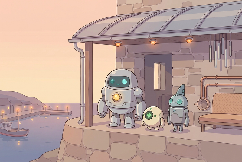 Lumi and two friendly harbor robots at a narrow listening post with tiny lights, copper tubes, and a cozy view over the harbor at dusk