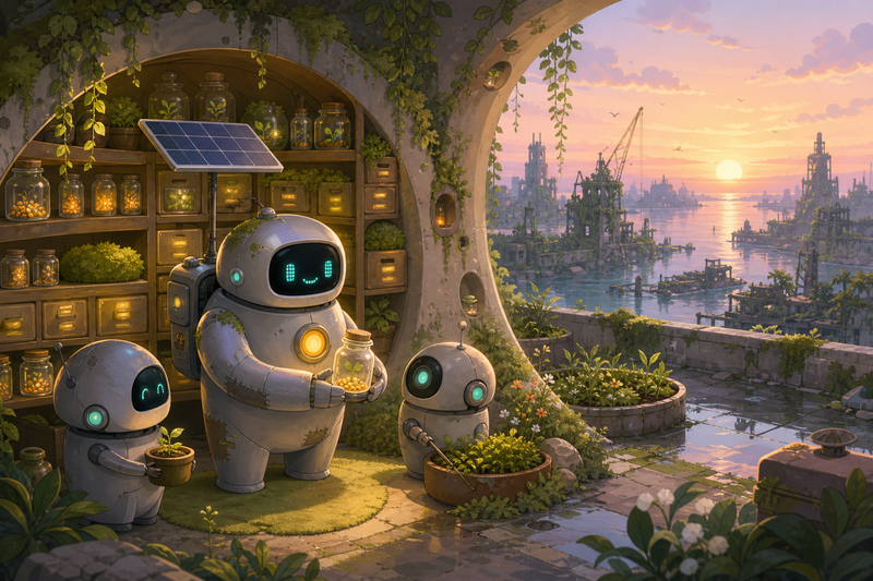 Lumi and friendly robots in a cozy rooftop seed library with tiny glowing drawers, seed packets, and soft green plants above the harbor