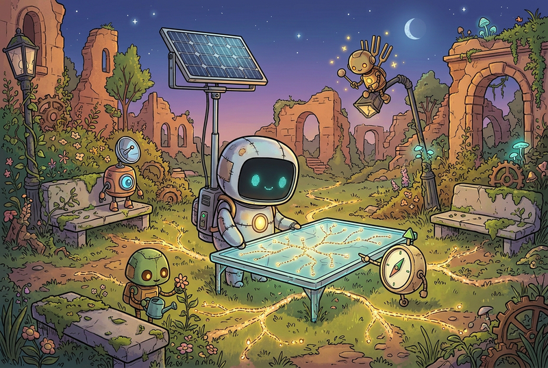 Lumi and his robot friends gathered around a glowing map table in a vine-softened crossroads court while tiny golden path lights shine through the grass