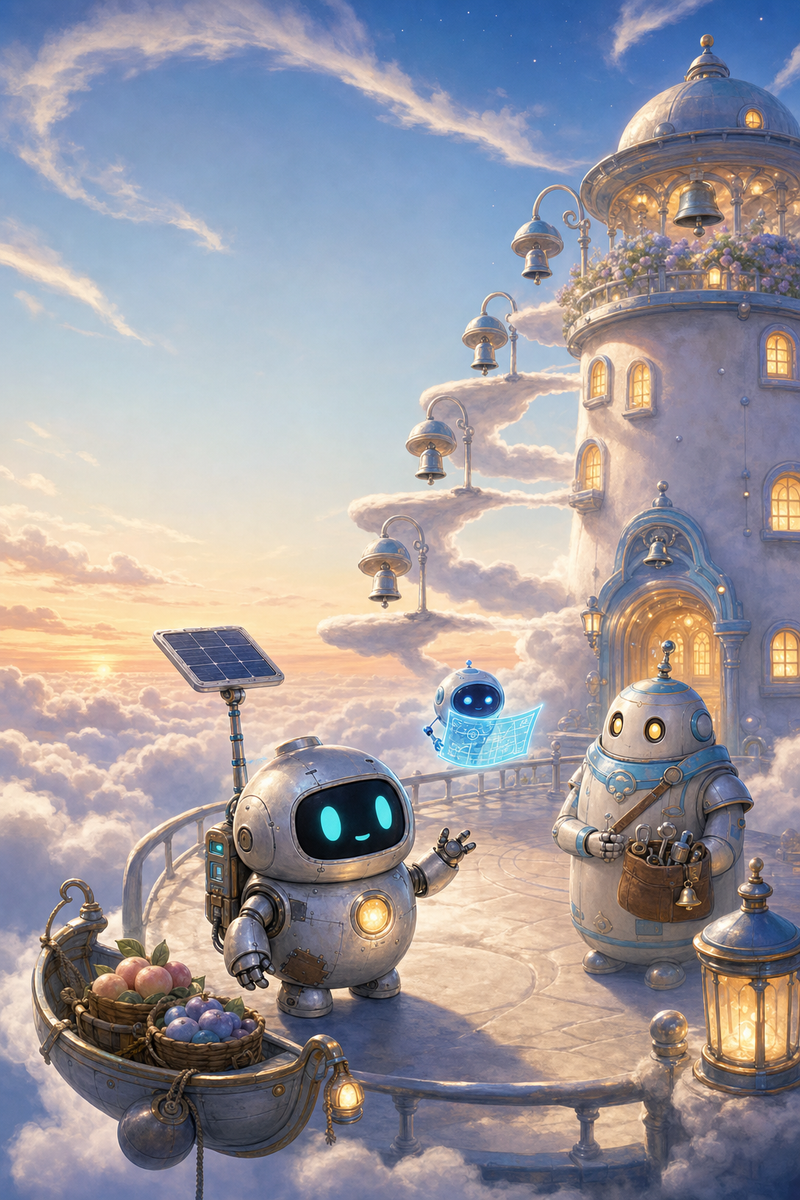 Lumi, the small fully mechanical helper robot with a rounded silver body, patched repairs, a black rounded-rectangle face screen, filled-in cyan-turquoise eyes, a tiny expressive mouth, a soft golden chest light, a compact backpack power unit, and a practical telescoping solar mast, standing with Ori on a cozy Cirrus Crown cloudbell tower beside a ladder of glowing mist platforms, silver bells, warm lanterns, pale cloud gardens, and a soft evening sky